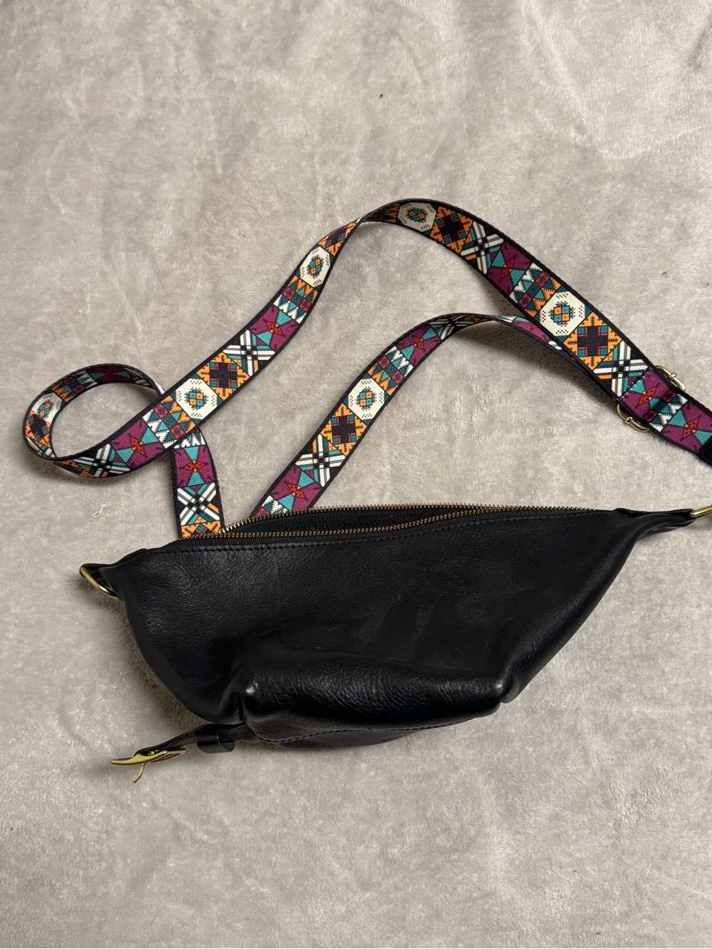 Black Leather Crossbody Belt Bag with Patterned Adjustable Strap